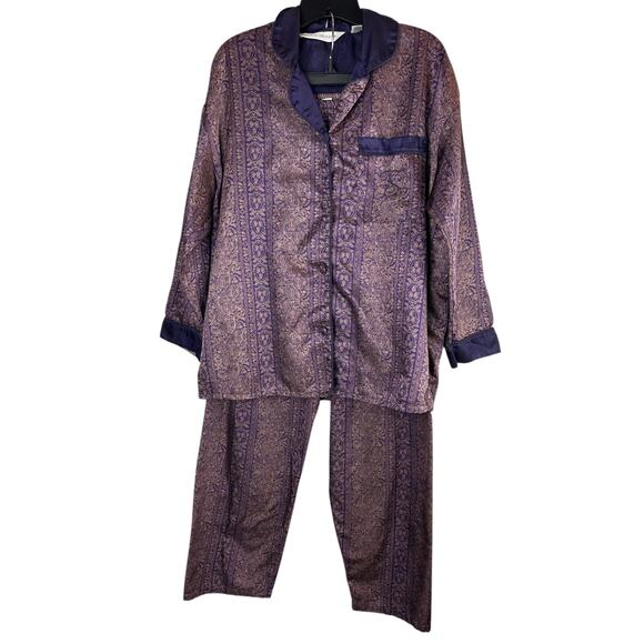 Victoria's Secret Satin-Like Pajama Set Purple Gold Paisley Button Shirt Pants S - Picture 16 of 16